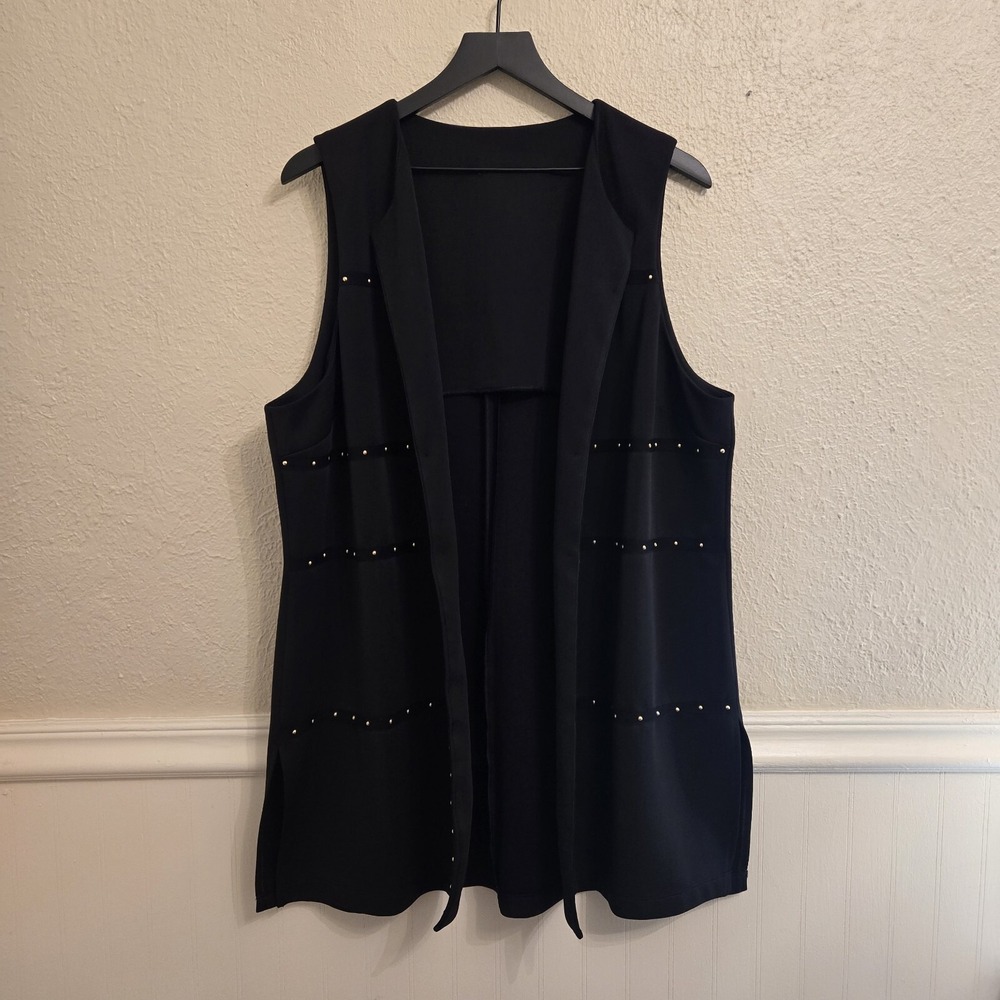 Chicos Long Vest Black Gold Studded‎ Open Front Cardigan Career Evening